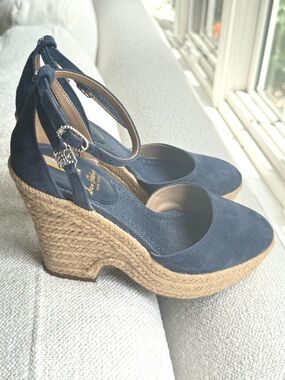 Sam Edelman Navy Suede Espadrille Wedge Ankle-Tie Pumps